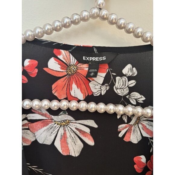 Express Womens Size M Black Floral Blouse Faux Wrap Long Sleeve - Picture 4 of 4